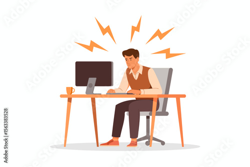 Overwhelmed worker: A stressed man sits at his desk, head in hands, surrounded by lightning bolts symbolizing his mental overload and frustration.