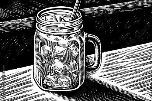 mason jar filled with lemonade and ice cubes, great for summer product packaging, refreshing drink ads or picnic-themed designs a black and white line art illustration
