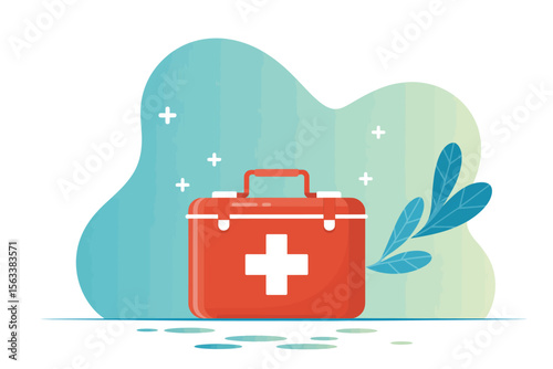 First Aid Kit: A red first aid kit, with a white cross symbol, surrounded by a soothing palette of pastel colors, evokes a sense of safety and wellness.