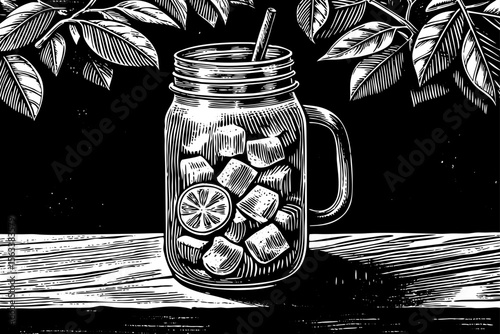 mason jar filled with lemonade and ice cubes, great for summer product packaging, refreshing drink ads or picnic-themed designs a black and white line art illustration