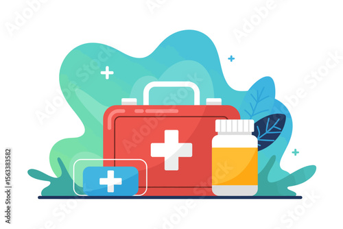 Essential Emergency Kit: A vibrant illustration of a first aid kit, symbolizing preparedness and quick access to essential medical supplies for any urgent situation.