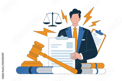 Lawyer with Gavel and Documents: A stylized illustration of a lawyer holding legal documents, with a gavel, scales of justice, and lightning bolts symbolizing legal challenges and power.