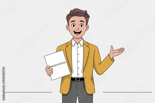Smiling Businessman Presentation: A cheerful young businessman in a mustard yellow jacket confidently presents a document, his open hand gesture welcoming the audience.