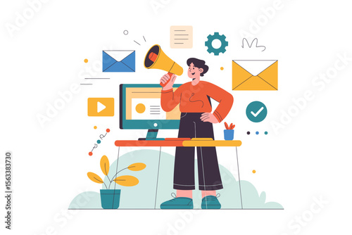 Amplifying the Message: A vibrant illustration captures an individual in the digital marketing realm, engrossed in promoting and strategizing with megaphone amidst digital tools.