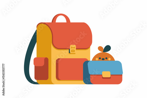 Backpack and Lunchbox Set: A cheerful illustration featuring a vibrant backpack and a cute lunchbox, perfect for back-to-school themes or children's projects.