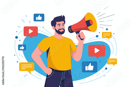 Digital Marketing Campaign: Dynamic visual that embodies the spirit of a dynamic digital marketing campaign, featuring a charismatic individual amplifying a message via a megaphone.