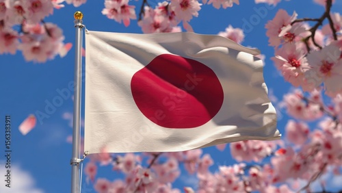 Japan flag on cherry blossom background