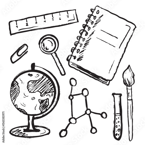 School equipment. Globe sphere, ruler, notebook, chemistry, loop, brush, paper clip, test tube in black brush stroke texture on white. Hand drawn vector sketch illustration in vintage charcoal ink