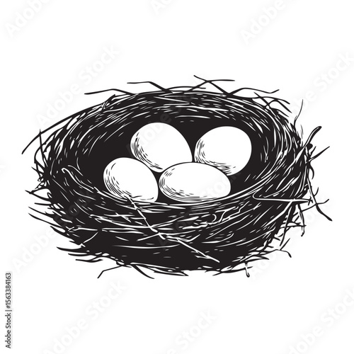 Nest with eggs silhouette isolated on a white background, Nesting season bird’s nest with eggs nature illustration, Bird nest with eggs silhouette vector art for nature conservation