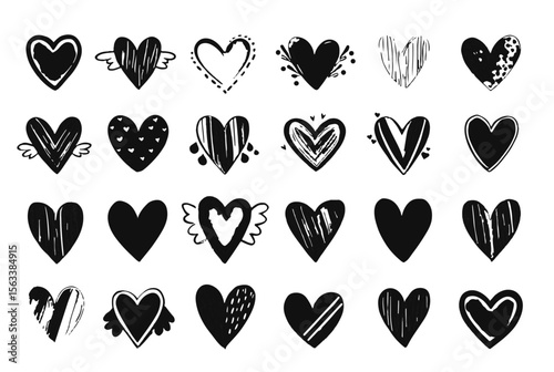 Set of 24 Unique Black Heart Illustrations Vector with Various Patterns and Styles

