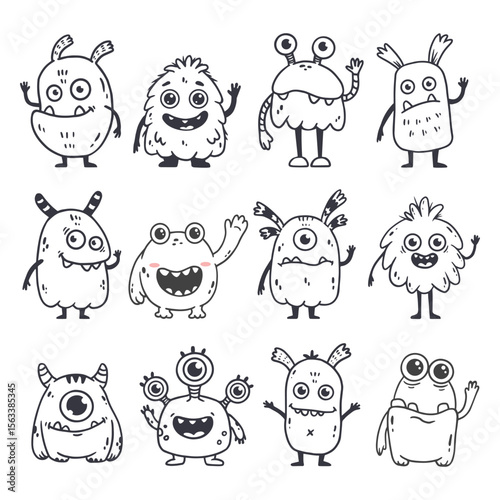 set of cartoon monsters. Cute monsters in doodle style. Kids funny character design for posters, cards, magazins. Line. Vector illustration
