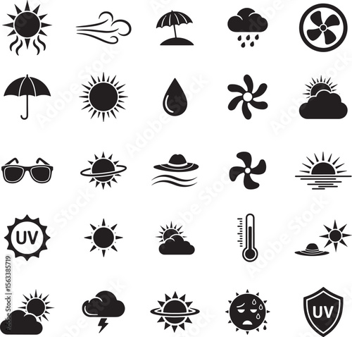 Collection of summer sun and weather icons in silhouette style