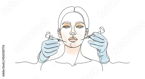 One line doodle drawing of a woman receiving Botox injection, minimalist style, watercolor fill, soft pastel colors, vector illustration on white background, aesthetic and modern 