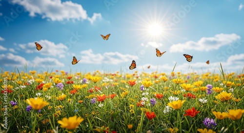 Vibrant Meadow with Butterflies on a Sunny Day