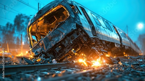 Damaged train wreck at night (1)