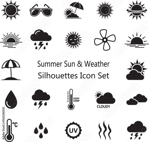 Collection of summer sun and weather icons in silhouette style