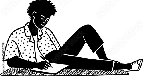 Person sketching diagrams while sitting relaxed on floor