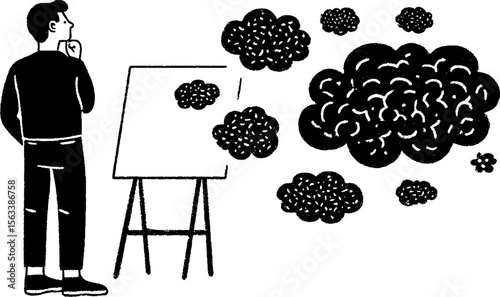 Contemplative person standing by a whiteboard with thought clouds