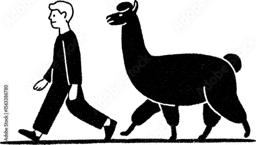 Tranquil walk with llama sketch - hand drawn illustration for relaxation themes
