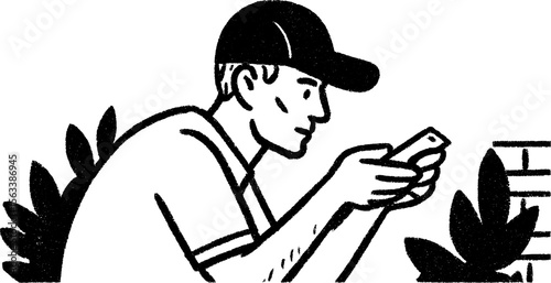 Pizza delivery worker checking address: hand drawn sketch for delivery concept