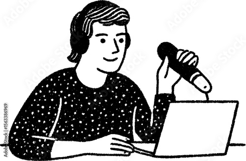 Podcaster adjusting microphone in artistic sketch for media design and podcast concept