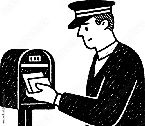 Postman delivering letters to mailbox sketch - vintage mail delivery concept