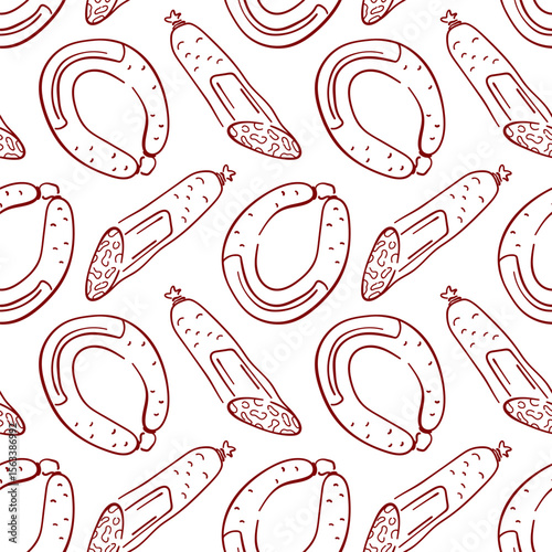 Seamless pattern with line art style sausage and salami on white background. Perfect for salami day holiday, meat packaging, butcher shop, deli menu, food design and kitchen decoration.