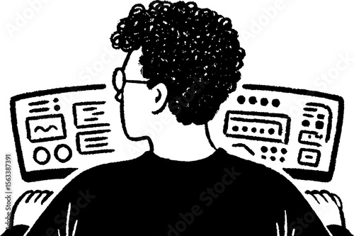 Software engineer analyzing architectural design in hand-drawn style