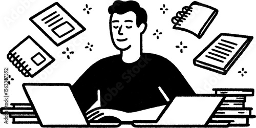 Creative solo entrepreneur surrounded by notebooks and laptops - productivity and planning