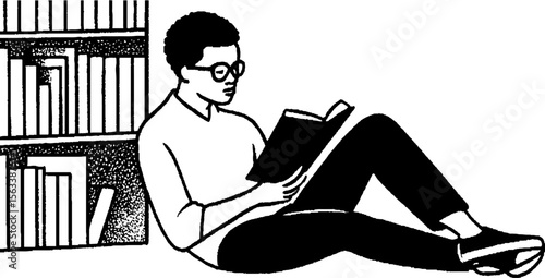 Introspective moment: student reading alone in library setting