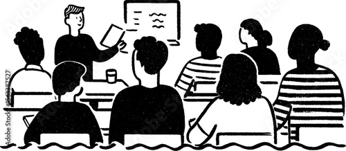 Classroom presentation scene with student reading aloud to peers for educational theme