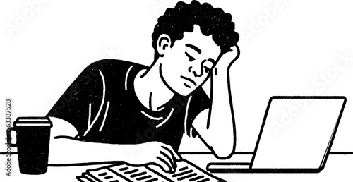 Student studying online with laptop and notes for revision