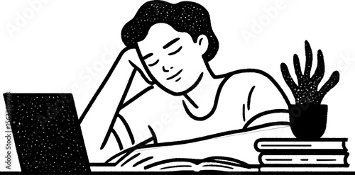 University student studying late night academic focus with laptop and books
