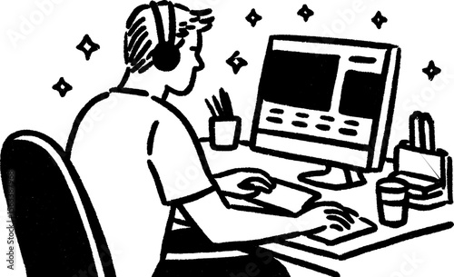 Focused video editor at work: crayon sketch capturing creative process