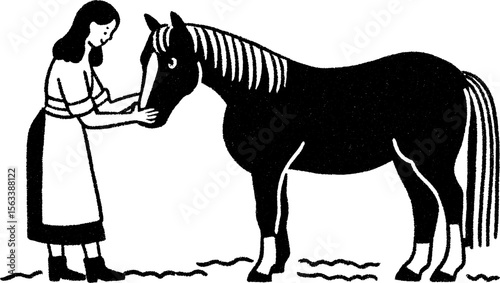 Woman caring for horse in stable scene for animal bonding and farm life themes