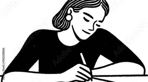 Woman taking financial notes with pencil in contemplative mood for business planning