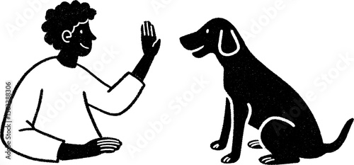 Young person training dog with hand signal - sketch illustration for pet obedience and training