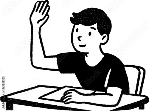 Young student raising hand in classroom sketch - educational concept