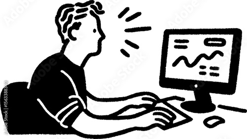 Accountant analyzing financial spreadsheets with computer in artistic sketch design