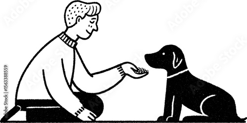 Sketch of an elderly person giving treats to a friendly dog - companion and caring moments