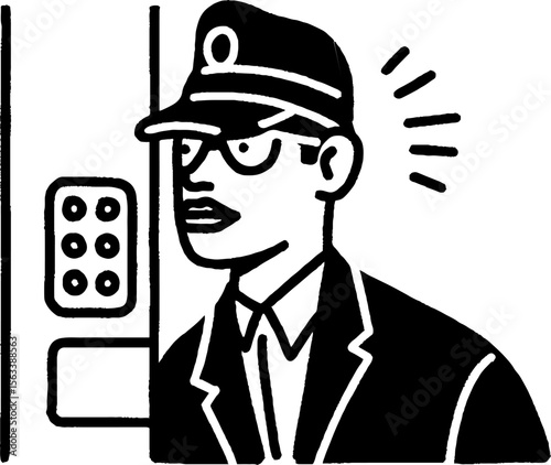 Hand drawn sketch of elevator operator in uniform for retro design concepts