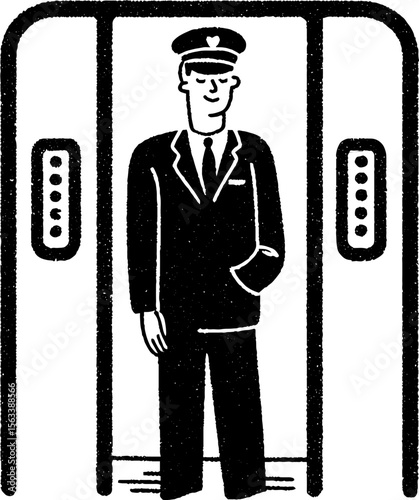 Vintage elevator operator in uniform drawn with bold lines