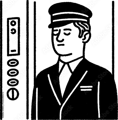Vintage elevator operator in uniform with controls
