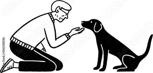 Elderly person offering treats to a friendly dog in a charming sketch