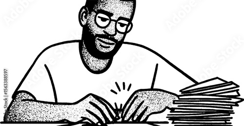 Employee counting cash behind glass in sketch style for business and finance concepts