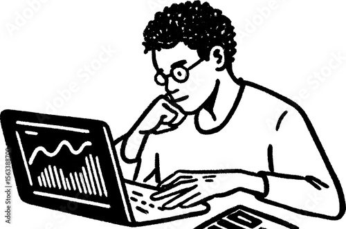 Investor analyzing financial stock charts on laptop in detailed sketch