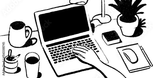 Reviewing an online portfolio sketch with laptop and stationery on desk
