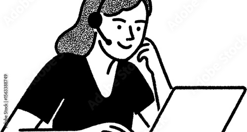 Online teaching webinar host sketch with headset and laptop for educational content