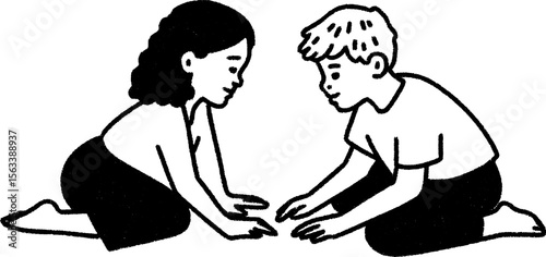 Childhood friends creating chalk art together