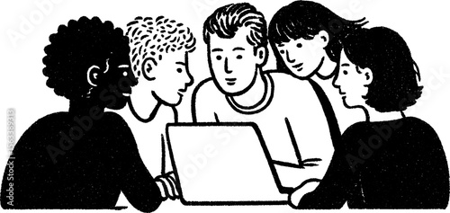 Collaborative teamwork concept featuring coworkers gathered around a laptop for brainstorming